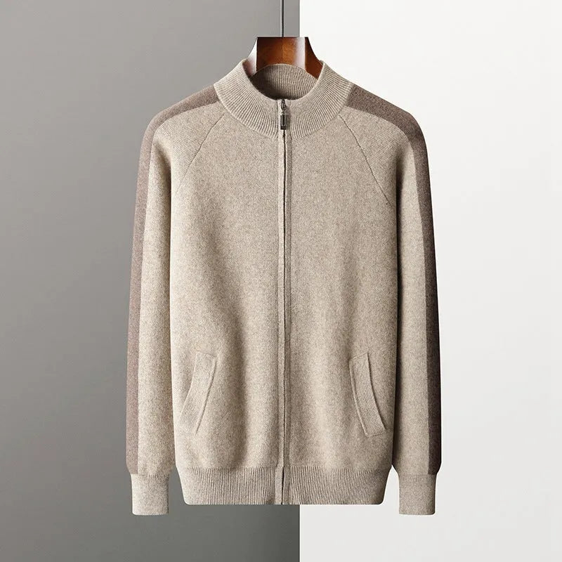 Men's cashmere wool blend cardigan suit with half turtleneck zipper in camel colour