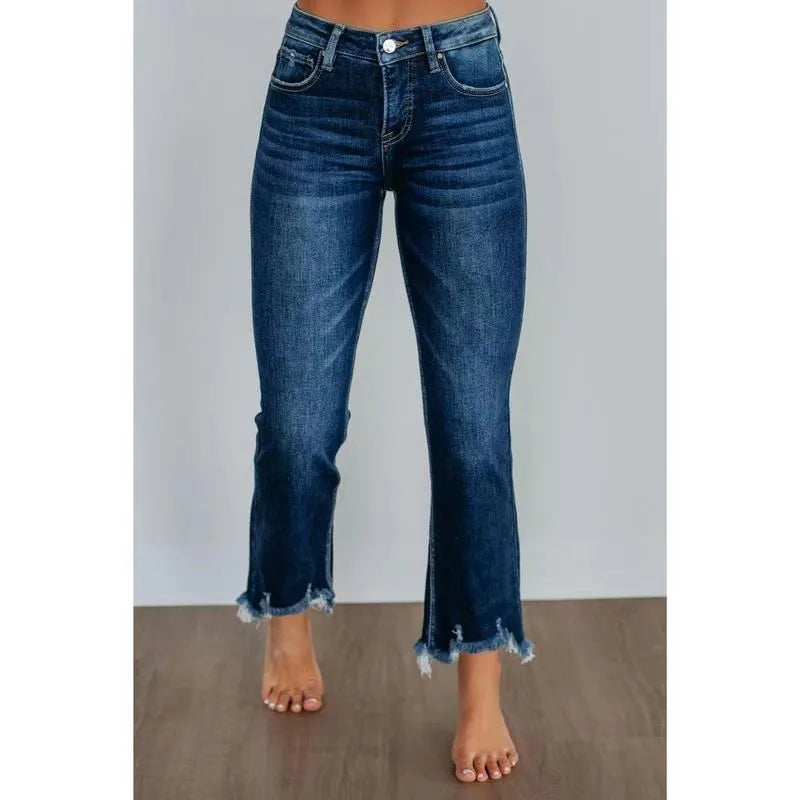 Women's hand-worn denim jeans in dark blue and light blue cotton fabric casual trousers