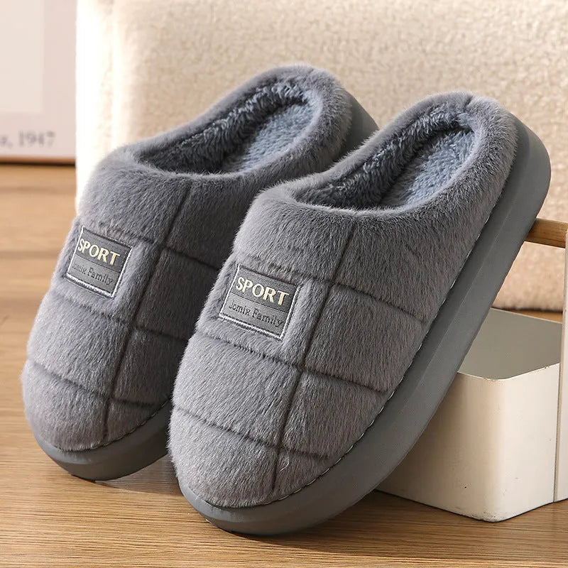 Men's plaid rabbit hair slippers with artificial wool lining and EVA soles