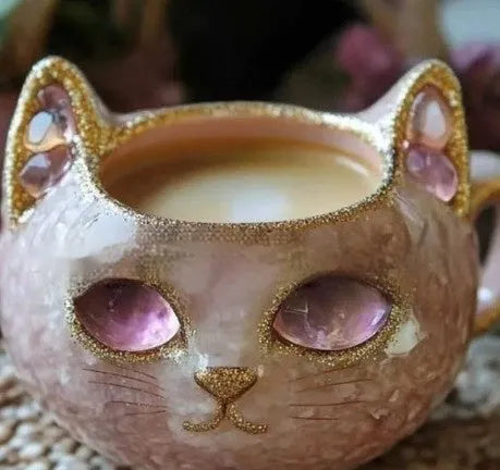 Purple resin geode mug with crystal cat design measuring 11cm high