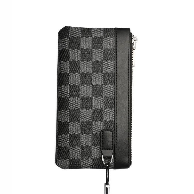Black leather plaid clutch wallet showing first layer cowhide texture and polyester lining