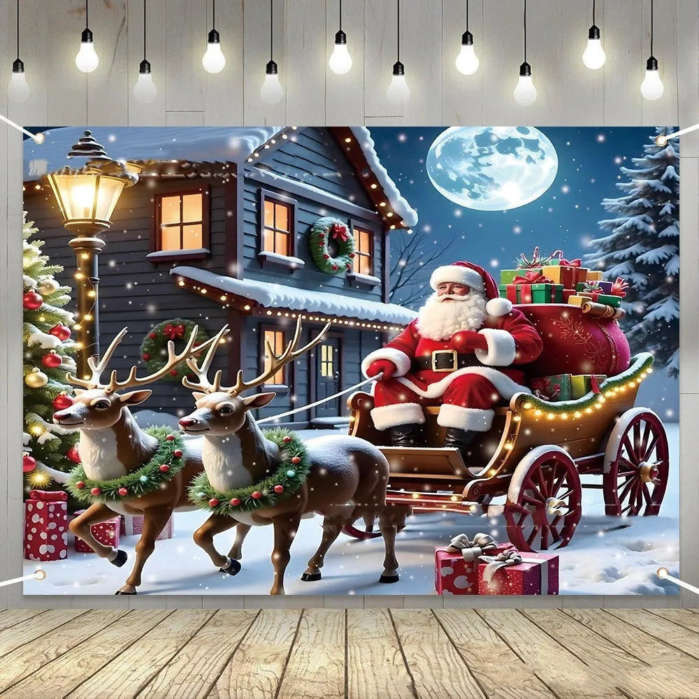 Red Christmas banner with Santa Claus and gift scene decoration