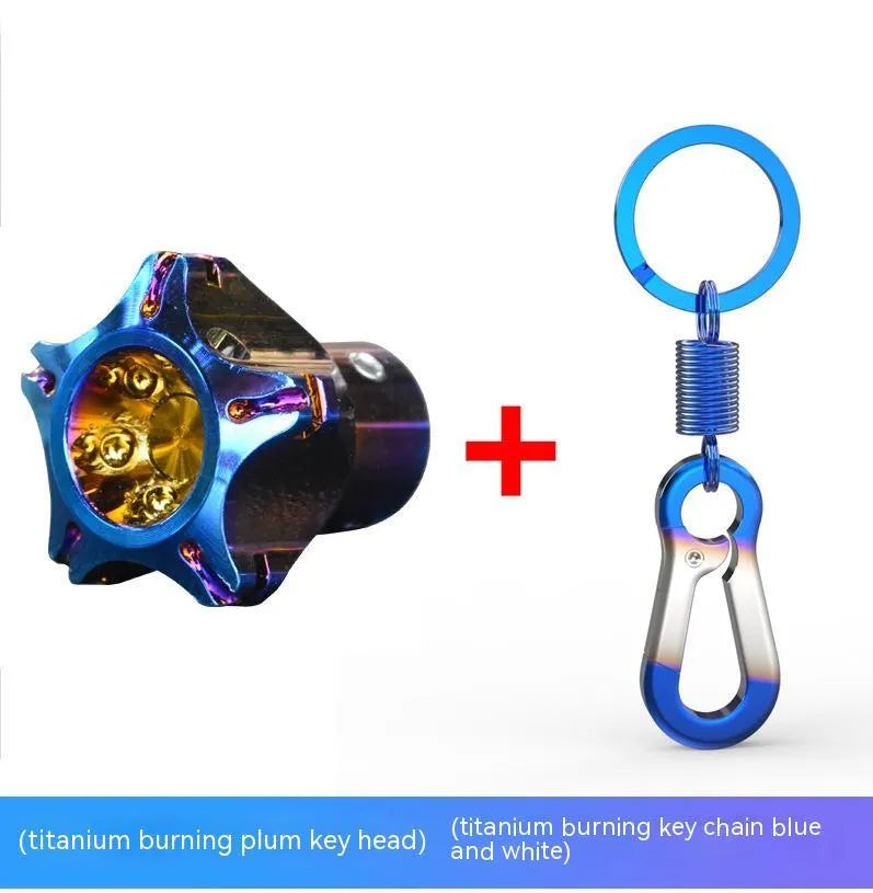 Motorcycle key head cover in T6 aluminium alloy showing hexagonal, five-pointed star and plum blossom design options