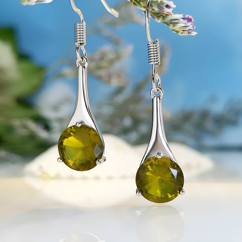 Olive green topaz earrings with water drop shape, electroplated alloy construction