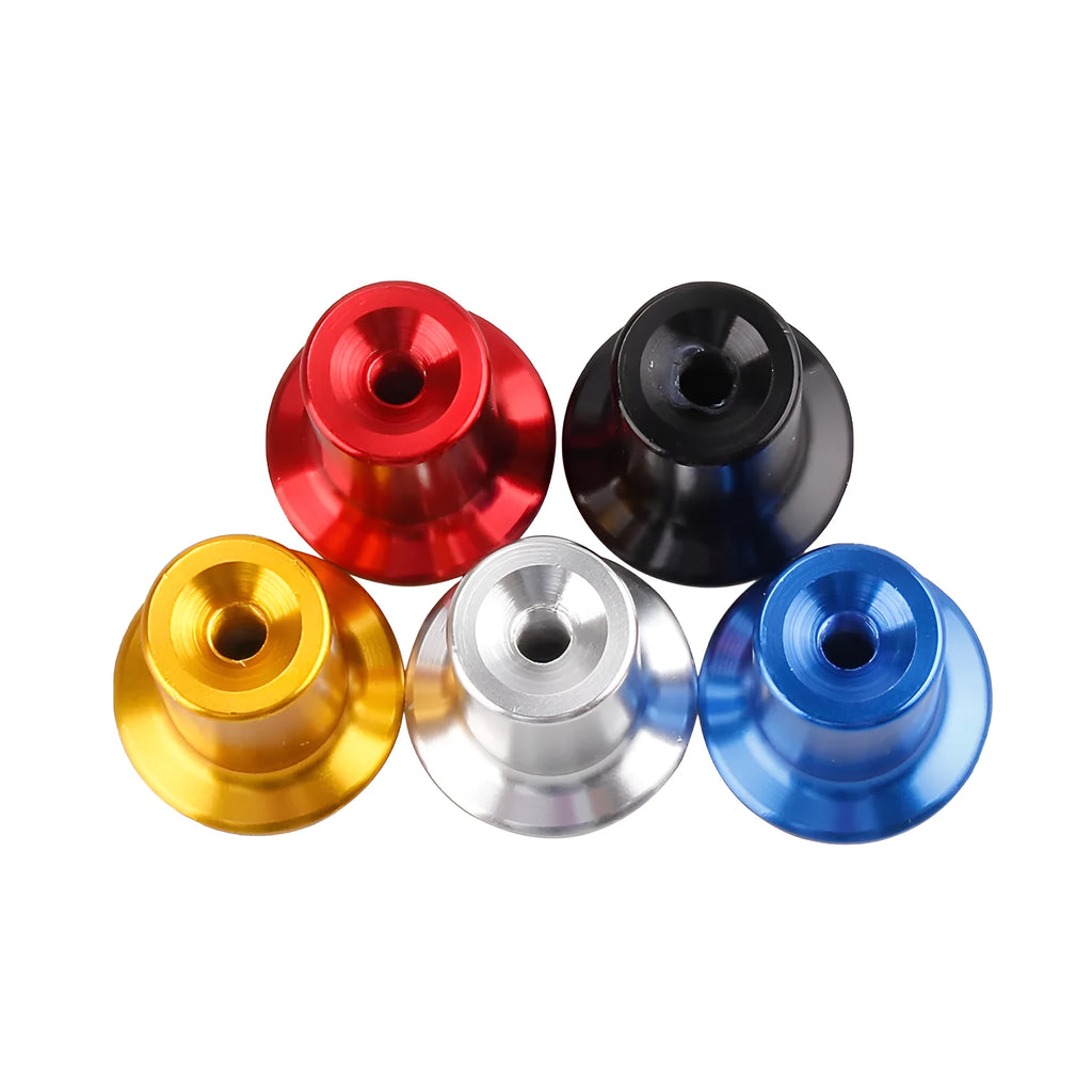Aluminium alloy hydraulic hand brake release button cap in gold, silver, black, blue, and red colour options.