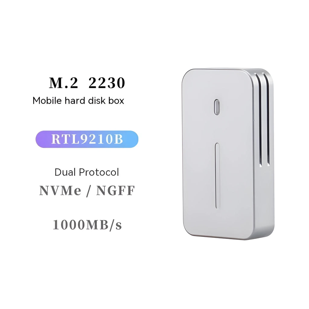 Aluminium alloy NVMe SSD enclosure measuring 5.2cm x 2.8cm with USB-C port