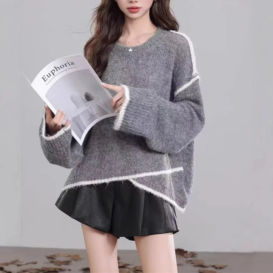 Women's cotton loose fit pullover sweater in gray color with regular sleeves