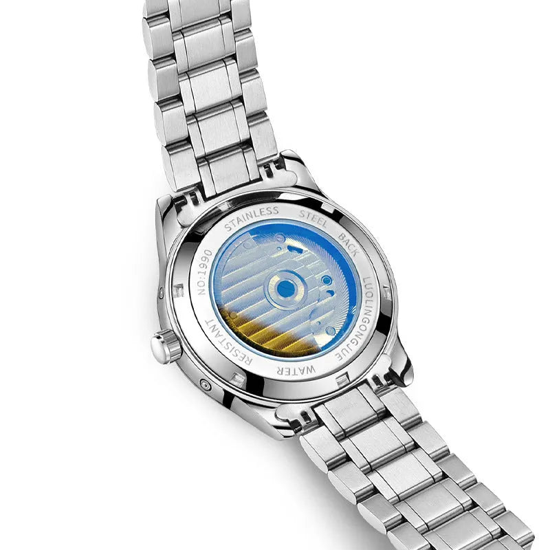 Business men's mechanical watch with hollow dial, stainless steel case, and leather strap