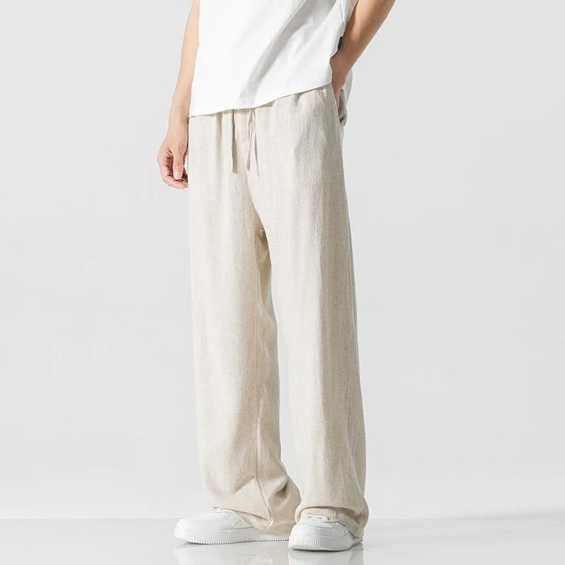 Men's beige bamboo fibre straight leg trousers with cropped length and drawstring waistband