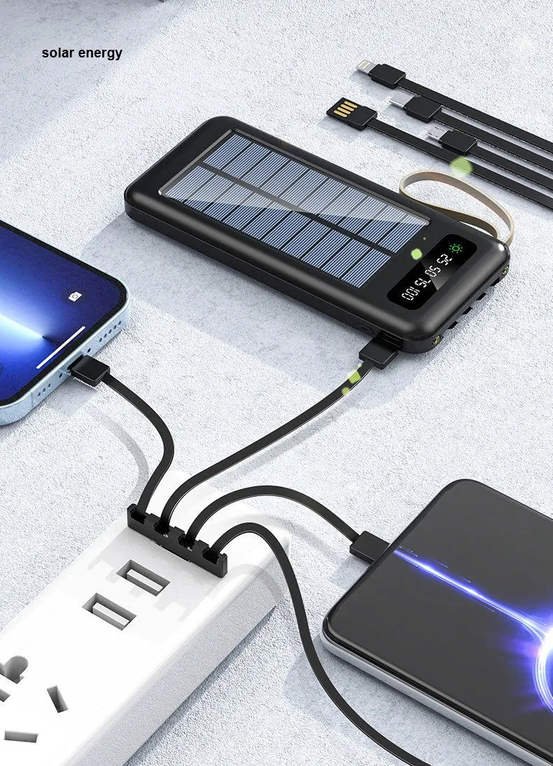Solar power bank in cool black or ivory white with 20000mAh/30000mAh capacity and compact 144mm design