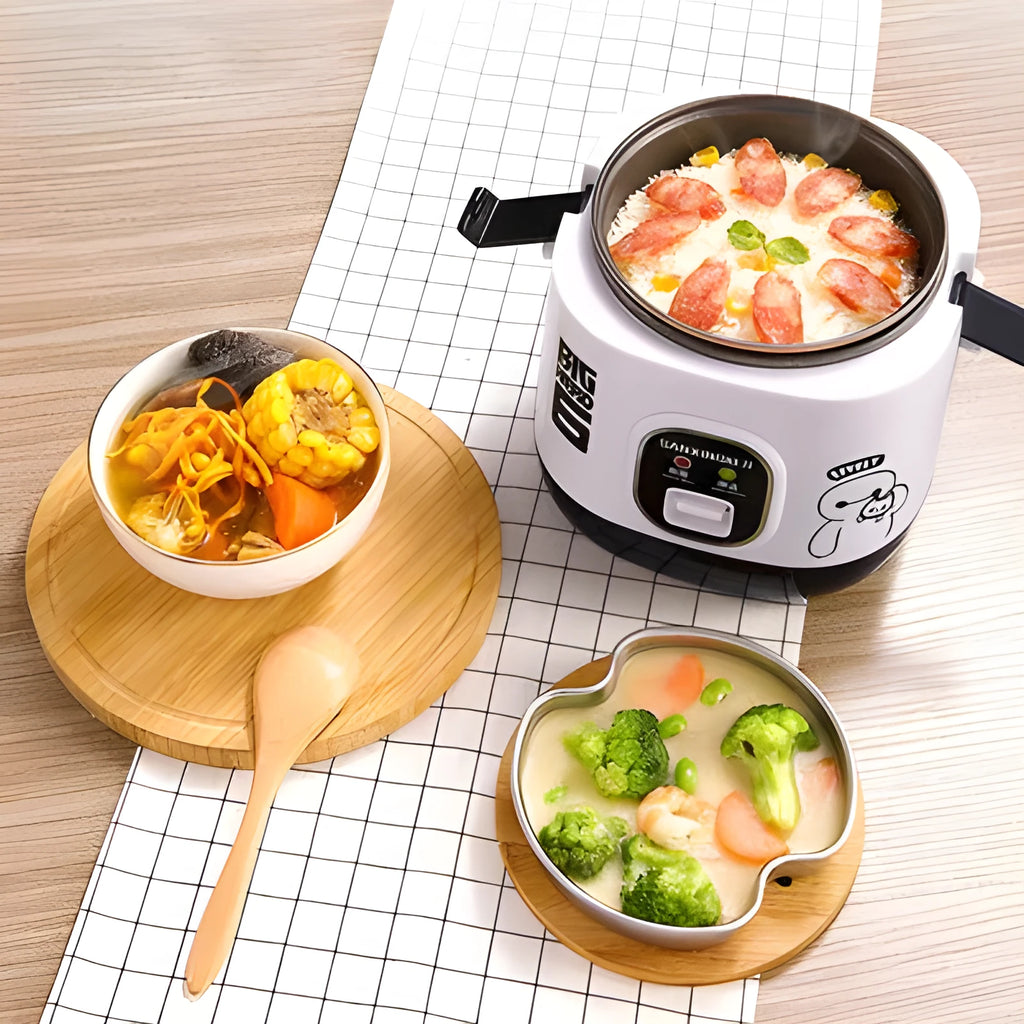 Compact mini rice cooker with steaming function and non-stick inner pot for 1-2 person meals