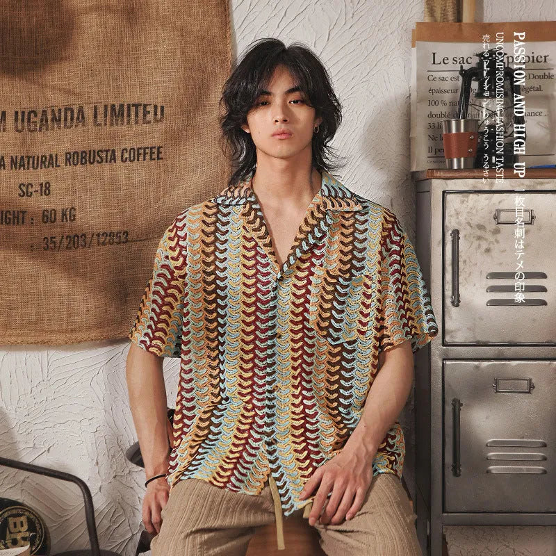 Japanese style Cuban collar short sleeve shirt in grey jacquard fabric with fleece lining