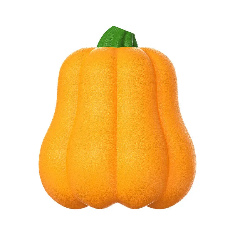 Orange plastic pumpkin dog toy with rope attachment for chewing and throwing games