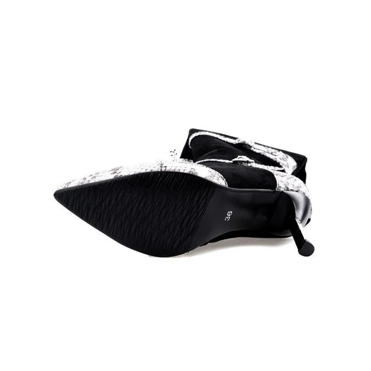 Grey and black women's knee-high high-heel boots with a 9cm heel and 33cm shaft.