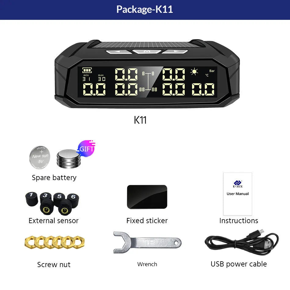 Solar-powered external tyre pressure monitor display unit with colour screen for six-tire trucks