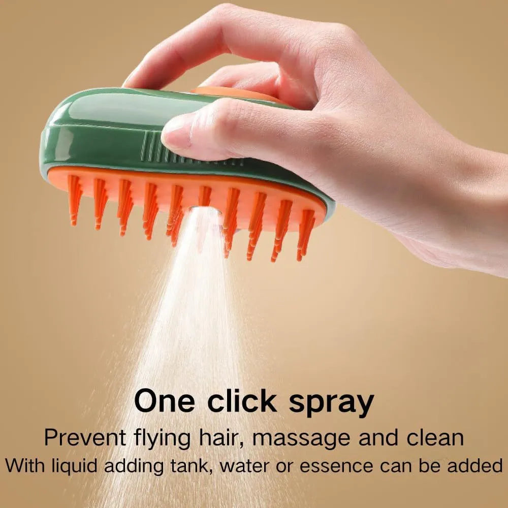 Green and white silicone cat steam brush with water spray function for pet grooming
