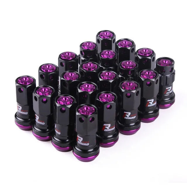 Set of aluminium alloy flat head wheel nuts in various colour combinations including black gold and blue.