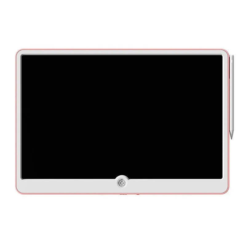 19-inch blue and white LCD children's drawing board with stylus on a pink background.