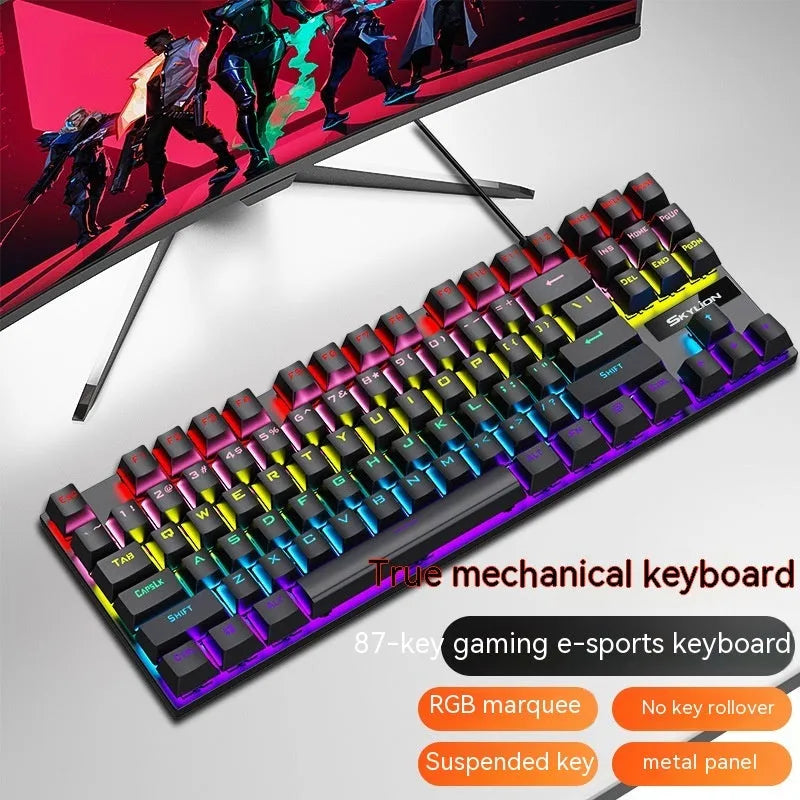 K87 mechanical wired keyboard with metal frame shown in blue white colour with green mechanical switches.