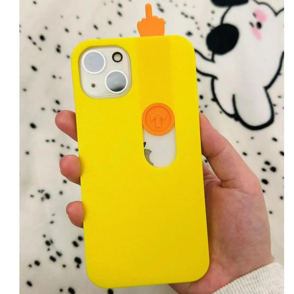 Bright yellow spoof phone case with 3D sliding middle finger design for iPhone