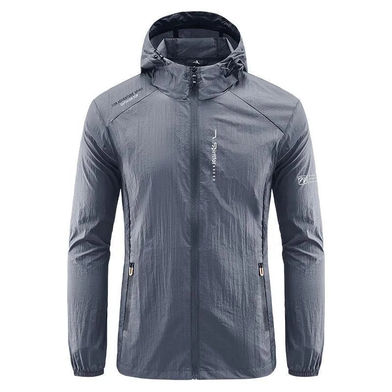 Men's lightweight nylon hooded summer jacket in loose fit, shown in a neutral colour.