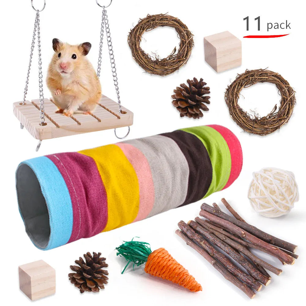 Natural wooden chewing toy set for small animals including straw mats, woven balls and plant-based components