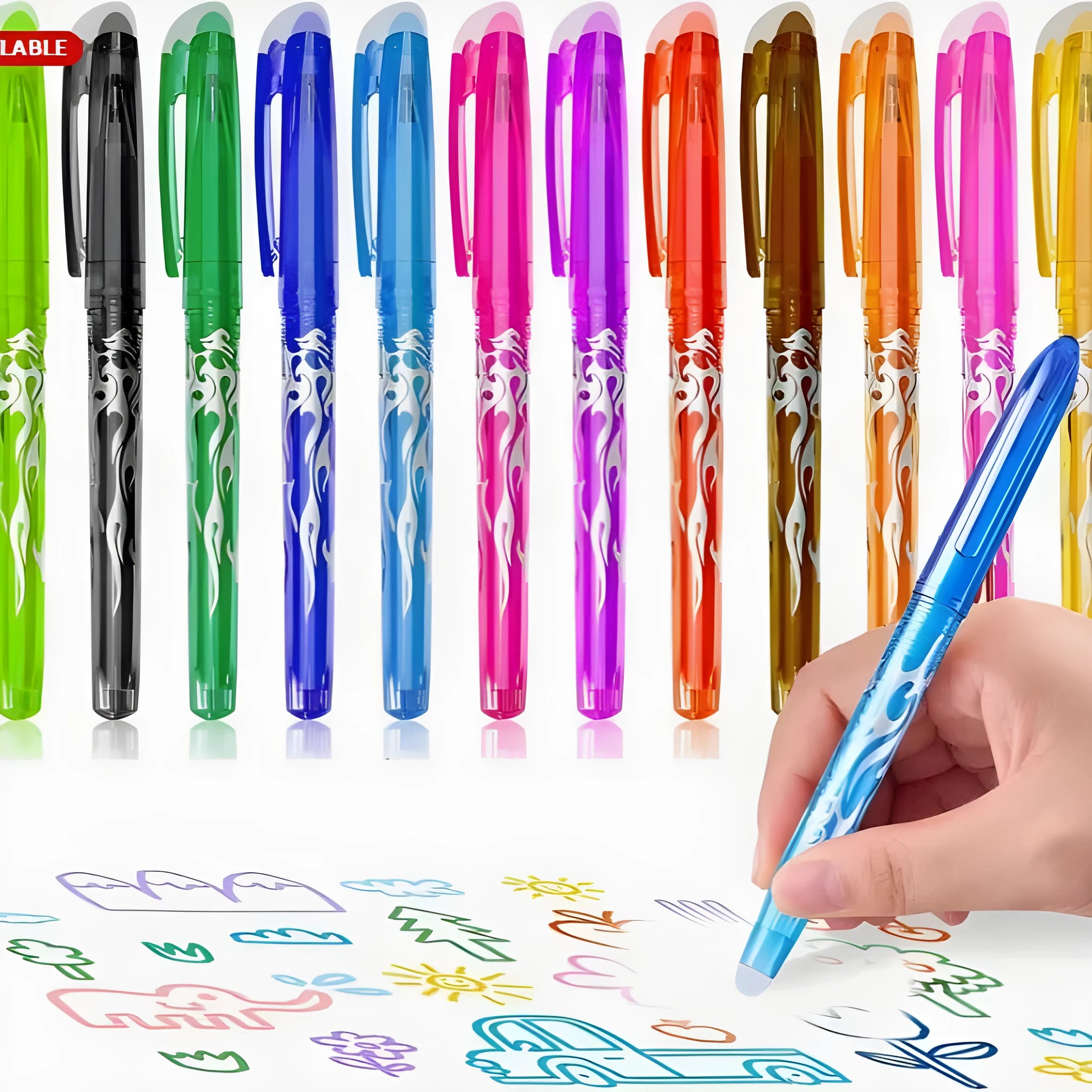 Heat-erasable gel pen set with plastic body, stainless steel nib, and assorted colours in 0.5mm and 0.7mm sizes