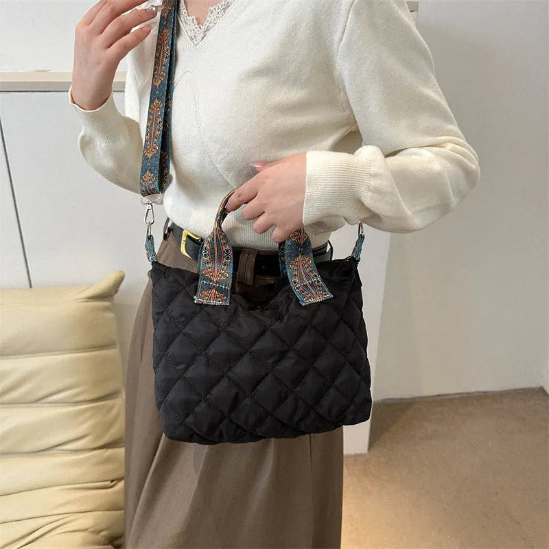 Oxford cloth shoulder messenger bag in horizontal square shape with sandwich pocket and single strap