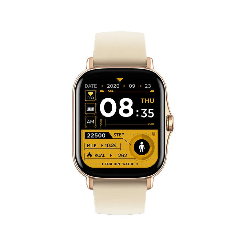 GT20 smart watch with alloy case and black silicone strap showing heart rate monitoring on screen