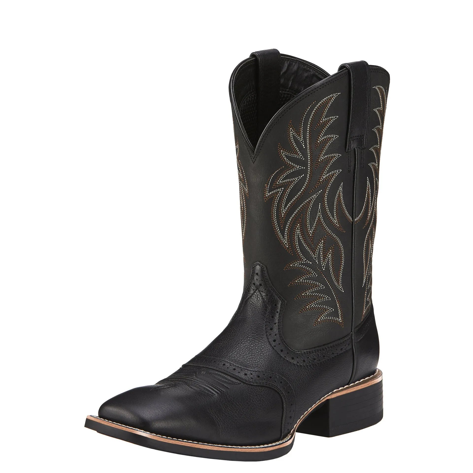 Men's black embroidered cowboy boots with square toe and horseshoe heel on a plain background.