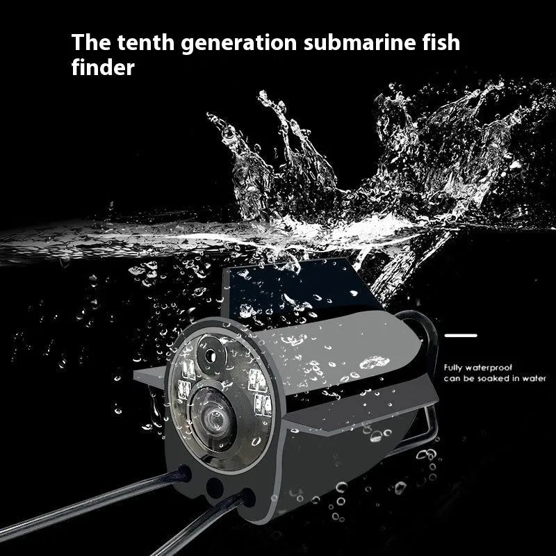 HD underwater fish finder camera with 4.3-inch screen, wide-angle lens, and night vision lights on a box.