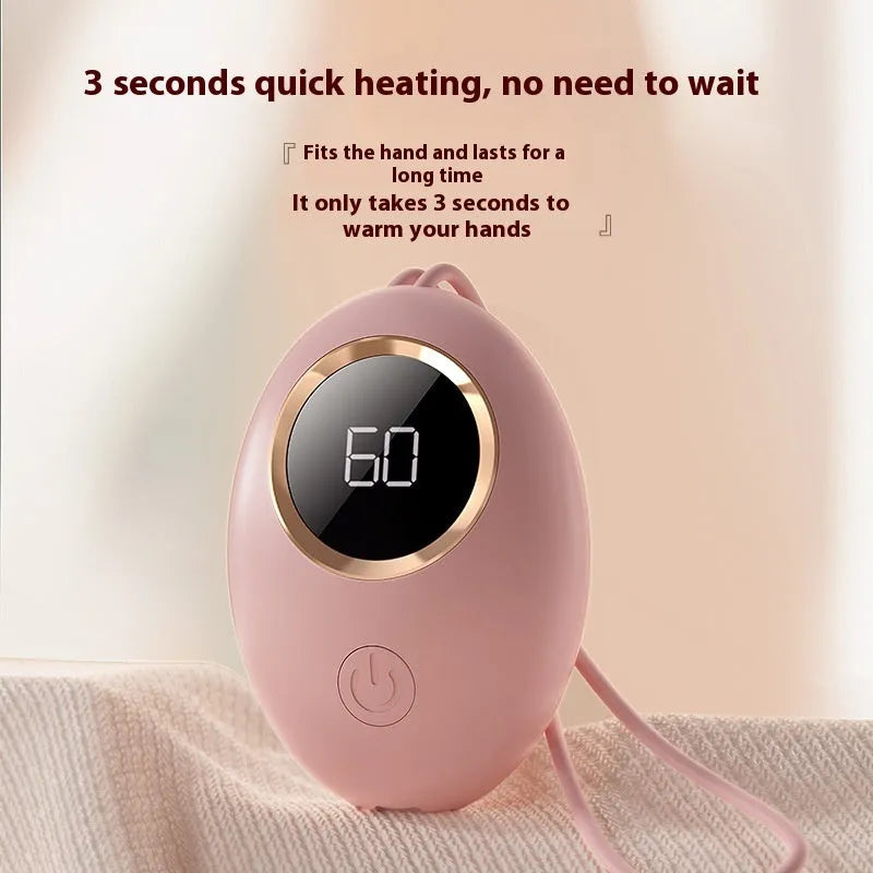 USB-powered hand warmer and power bank unit with a digital display in various colours.