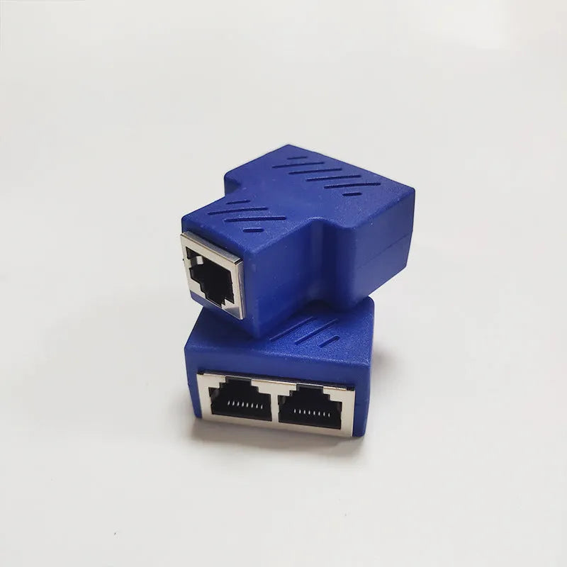 RJ45 network cable splitter adapter in five colour options showing one input and two output ports