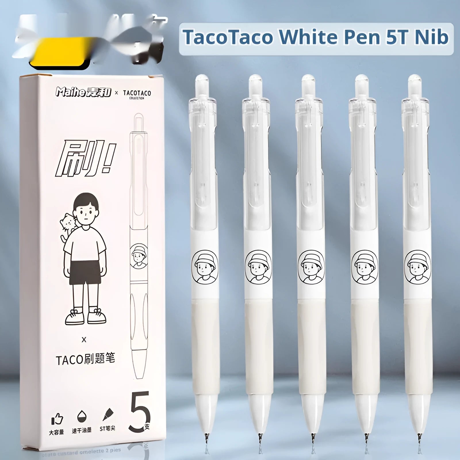 Five Taco brand neutral black plastic ballpoint pens with 0.5mm quick-drying black refills