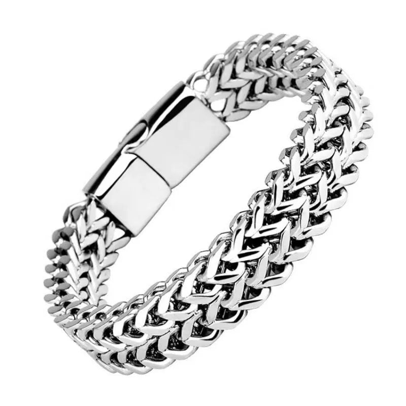 Silver geometric men's titanium steel bracelet shown in 4x8mm and 5x10mm styles.