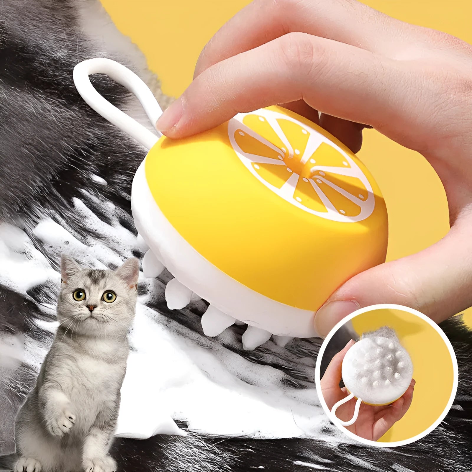 Yellow silicone pet bath brush with massage head for dog and cat grooming during bathing