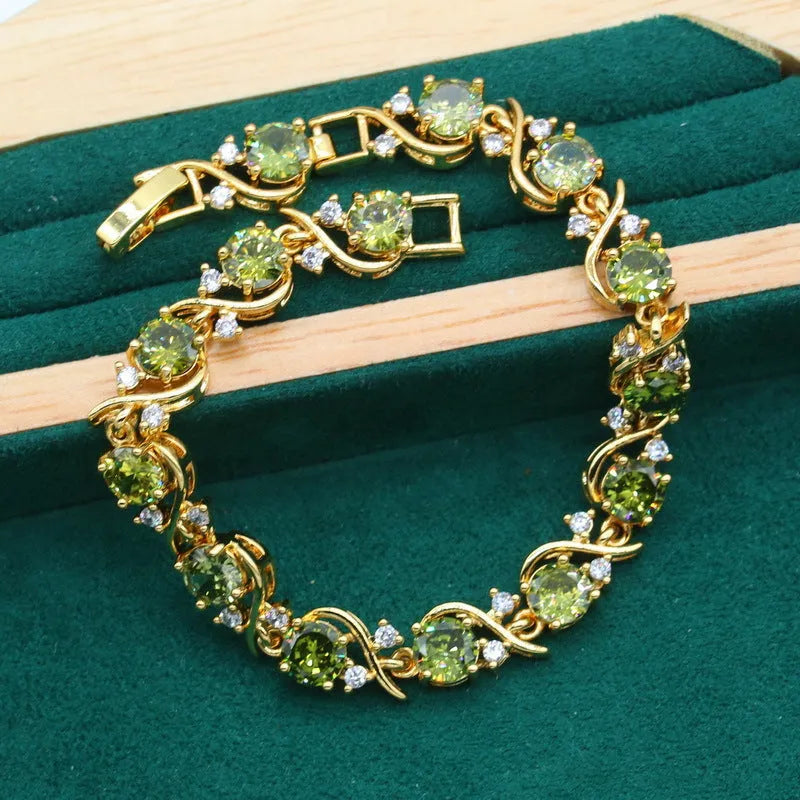 Women's full rhinestone zircon jewellery set showing necklace with snake bone chain, earrings, and ring in copper with electroplated finish