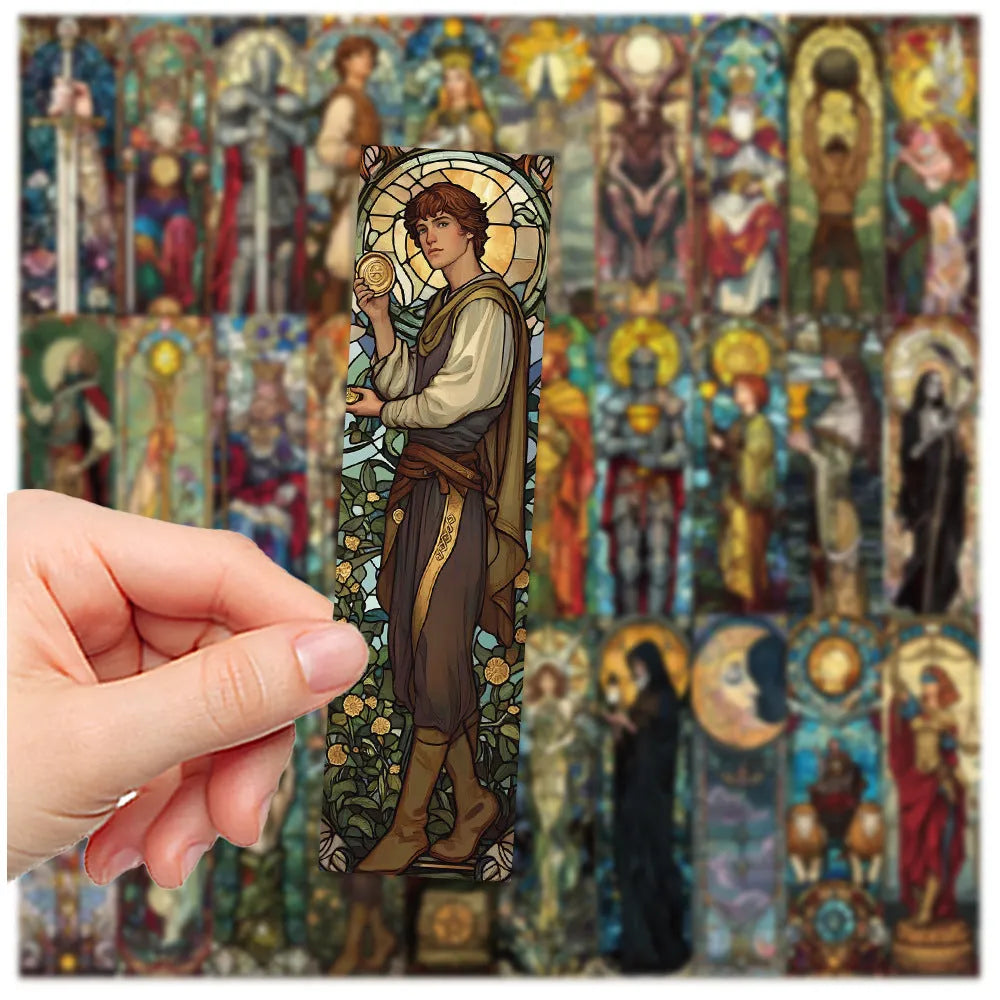 Set of 30 paper bookmarks with painted glass tarot card designs in a cute style.