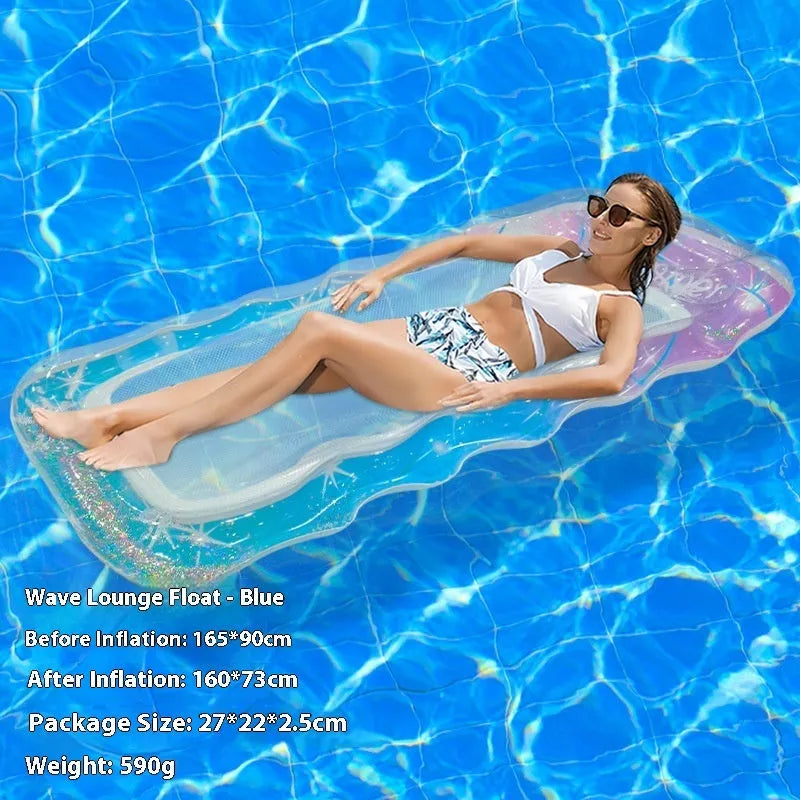 PVC inflatable floating row pool lounge in gradient sequin blue-purple wave design with canopy