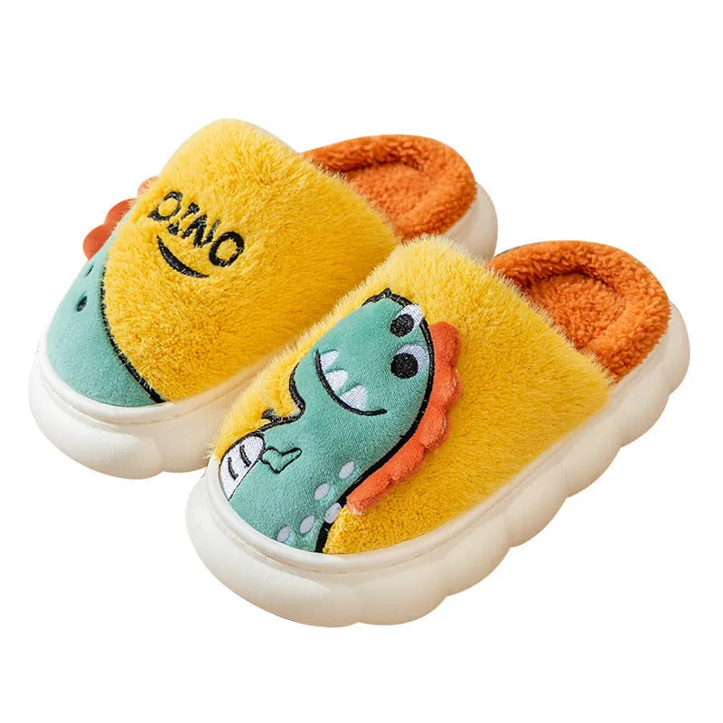 Plush cotton couple slippers in dinosaur design, available in grey, coffee and orange, showing thickened sole.