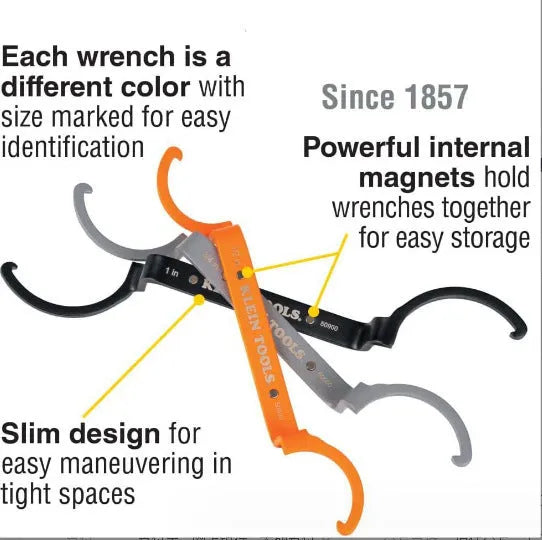 Three-piece magnetic suction wrench kit showing orange, grey, and black tools with different dimensions
