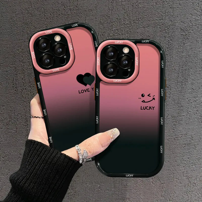 Acrylic fine hole drop-resistant phone case, cream shell with black gradient love heart design for iPhone or Huawei models