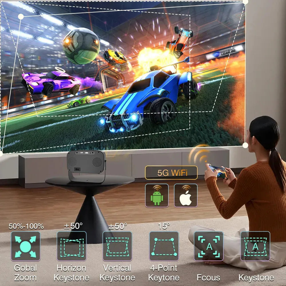 Black HD smart portable projector with remote control and multiple plug formats