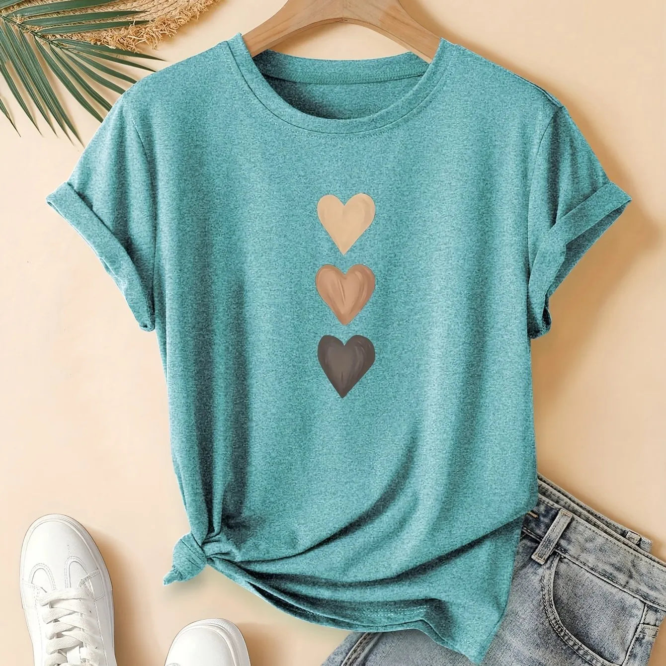 Women's art retro print cotton t-shirt in dark grey, showing short sleeves and round neck.