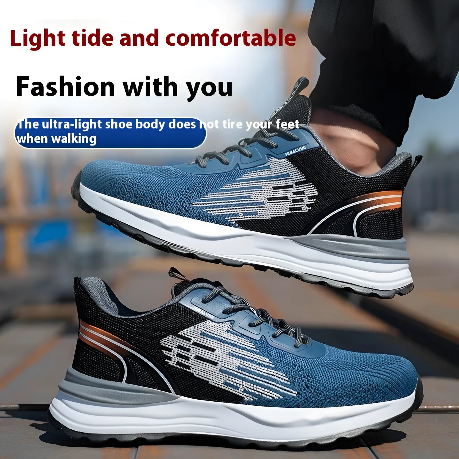 Blue men's safety work shoes with Flyknit mesh upper and lace closure