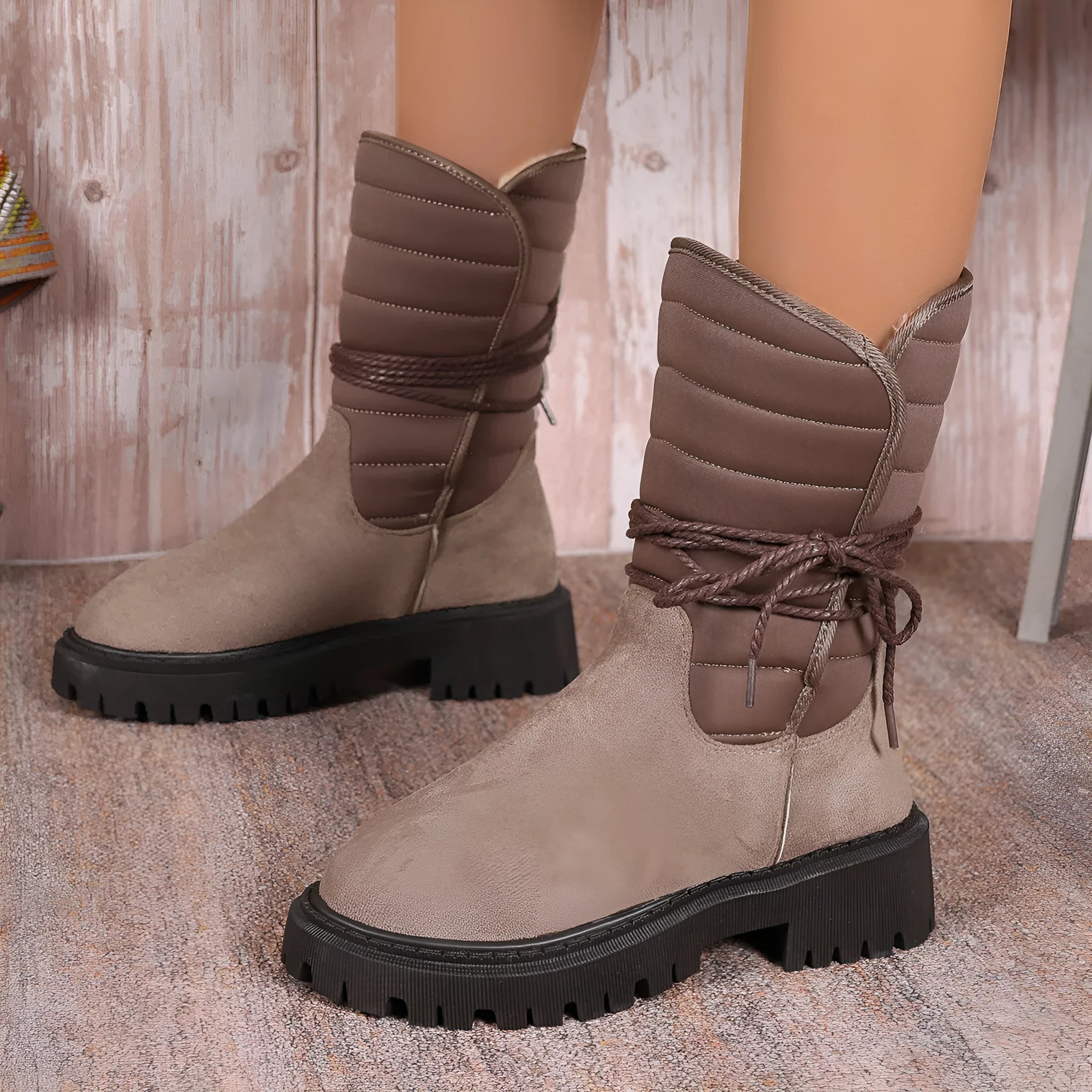Women's black suede snow boots with chunky heel, lace-up design, and fleece lining