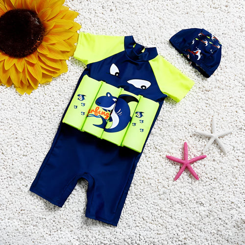 Children's buoyancy swimsuit with shark design showing one-piece swimwear with flotation features