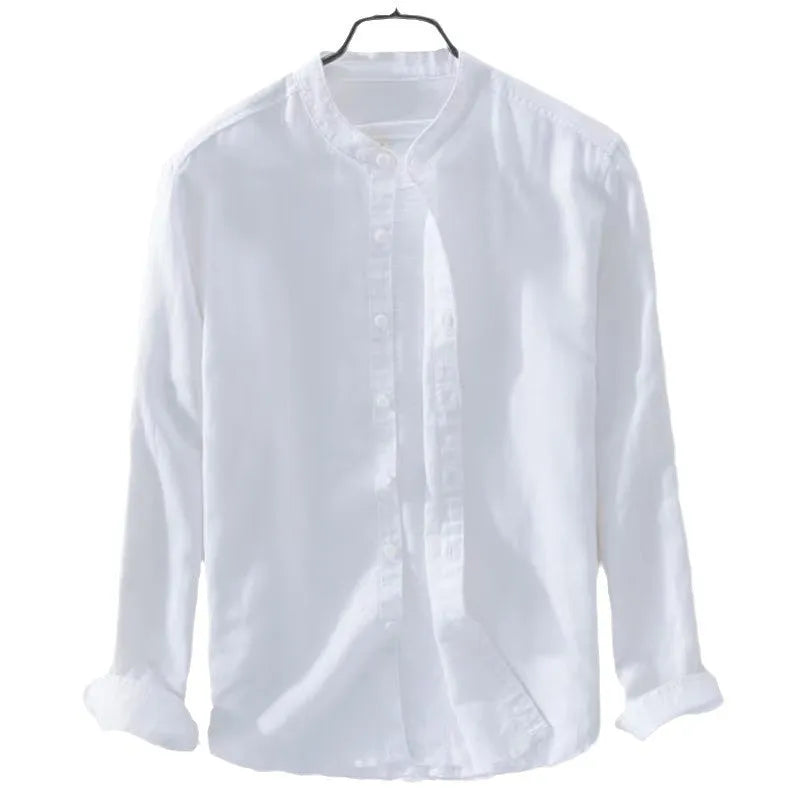 Men's loose long sleeve linen casual shirt in solid colour, shown on a hanger.