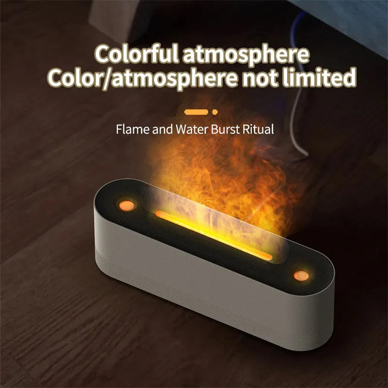 Black Flame Air ultrasonic humidifier diffuser with LED lights on a wooden table.