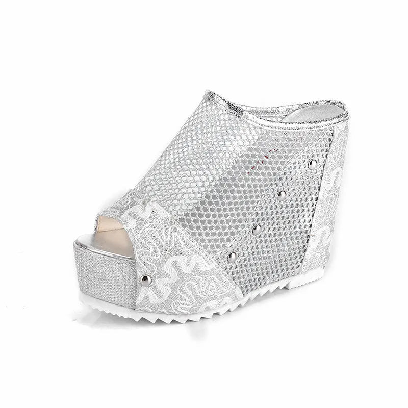 Women's Korean chunky platform sandals with hollowed-out heel and lace-up design in black, gold or silver